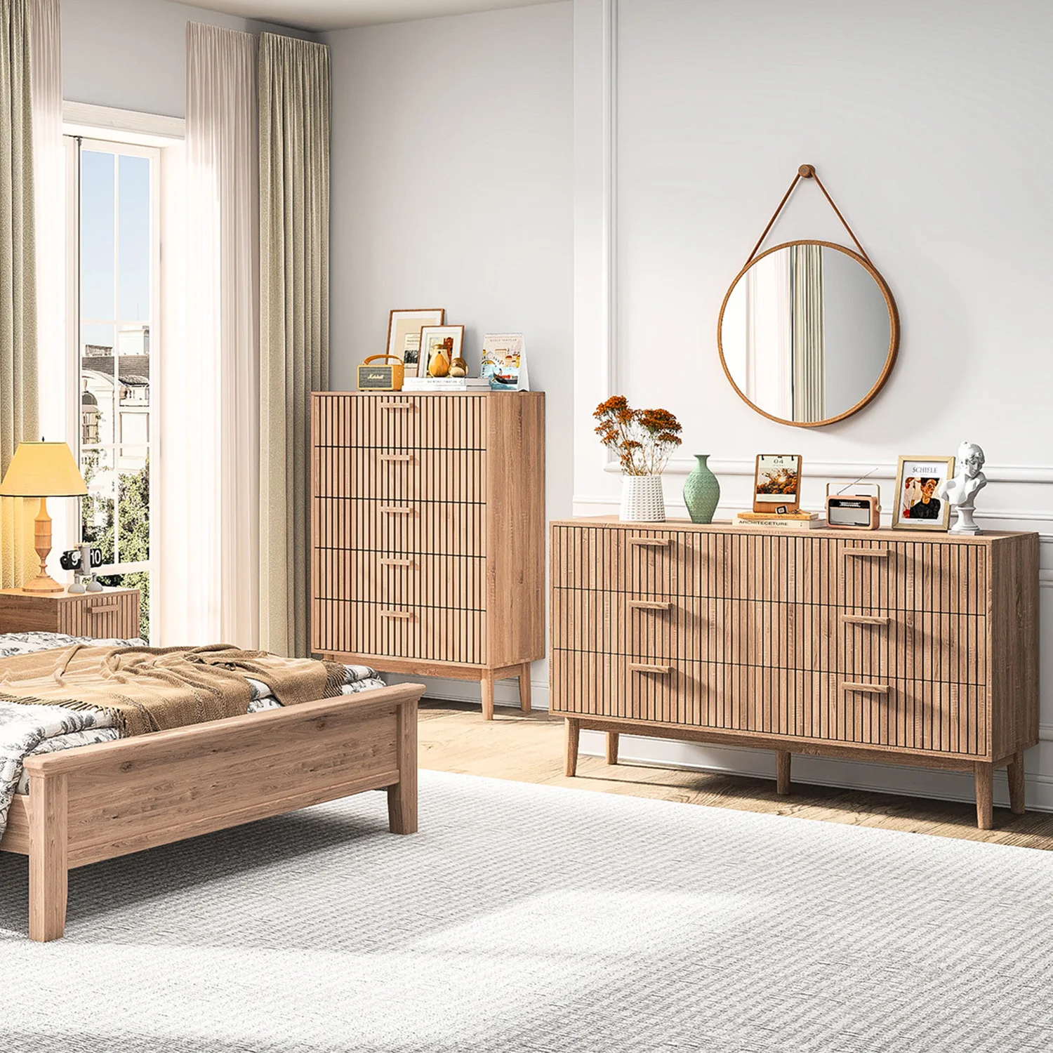 Chest Of Drawers, With 5 Or 6 Drawers, Modern Closet Dressers Chest Of Drawers With Fluted Panel, Retro Wide Wood Storage Dresse