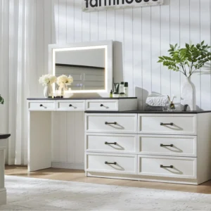 69" W rustic wood bedroom dresser with glass top, 9 large storage drawers, 3 color usable lights and 30 "HD Led mirror