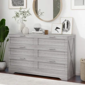 Modern 6-Drawer Dresser for Bedroom, Dresser Chest of Drawer with Large Drawers & Silver Handles, Wooden Dresser Drawer Storage